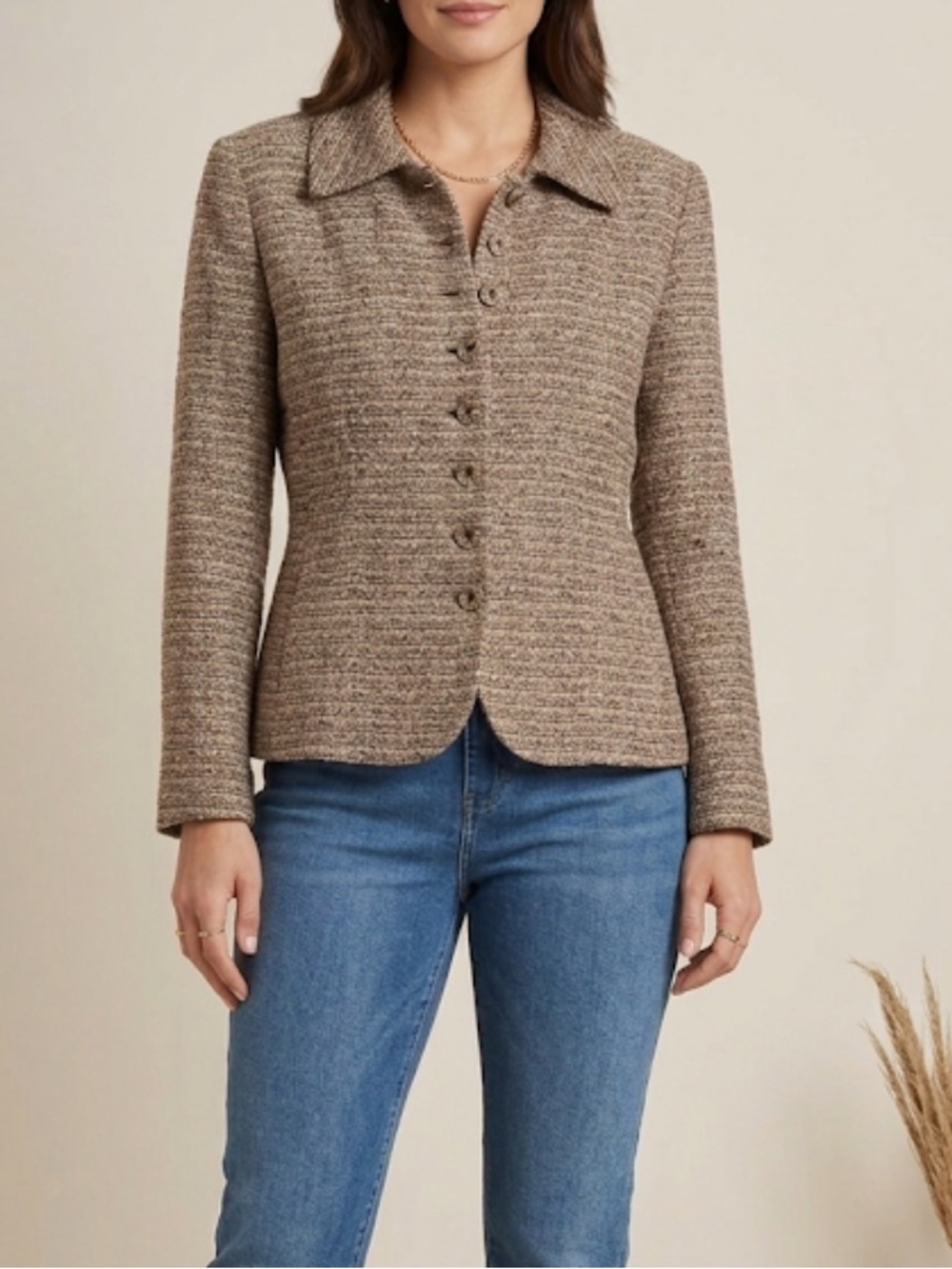 Ellen Tracy Brown Tweed Bouclé Blazer Jacket Button Up Professional Size 12